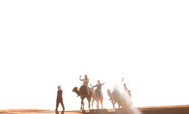 students riding the camels